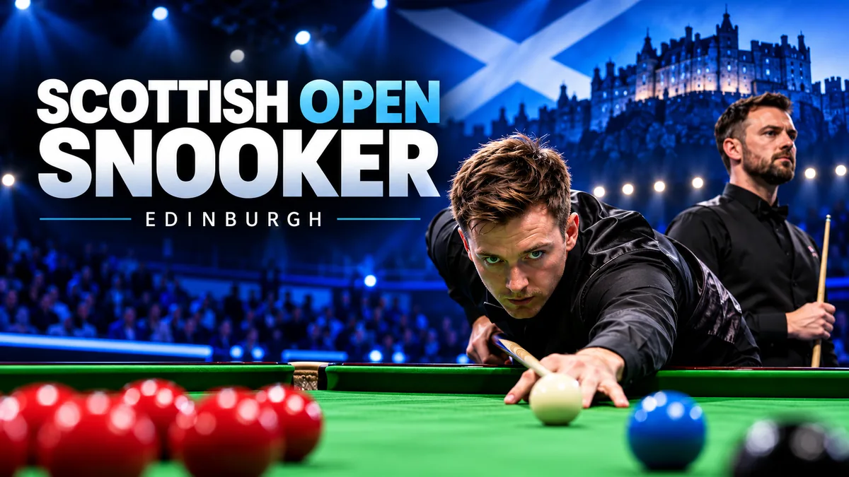 Scottish Open Snooker Edinburgh event artwork featuring snooker players and Edinburgh Castle.