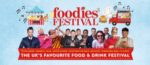 Foodies Festival Edinburgh 2026 banner with chefs, music acts, food stalls and street food illustrations