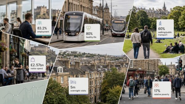 Editorial collage showing Edinburgh city life, transport, green space and key figures from the Edinburgh by Numbers 2026 report.