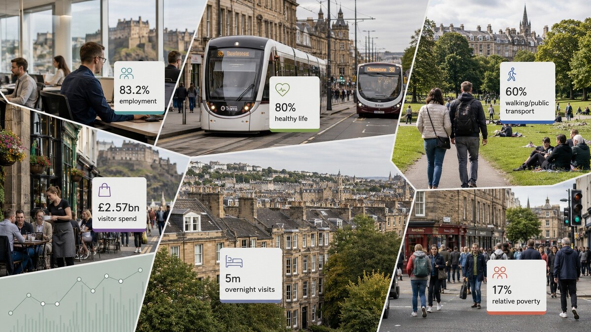 Editorial collage showing Edinburgh city life, transport, green space and key figures from the Edinburgh by Numbers 2026 report.