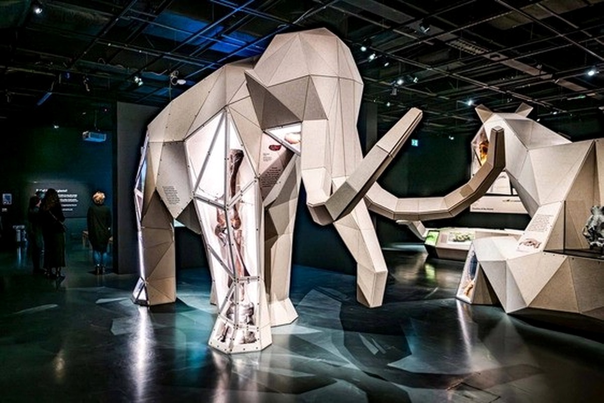 Woolly mammoth model inside the Giants exhibition at the National Museum of Scotland in Edinburgh.