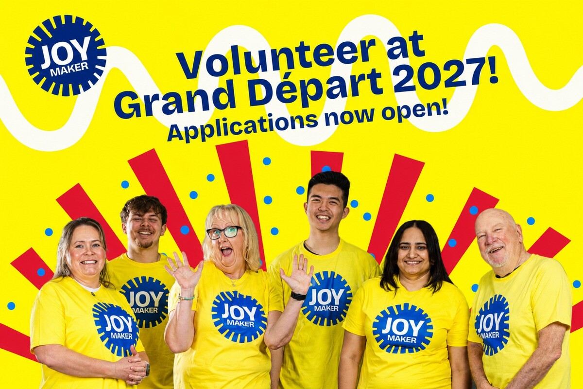 JOY Makers volunteers promoting applications for the 2027 Tour de France Grand Départ in Edinburgh.