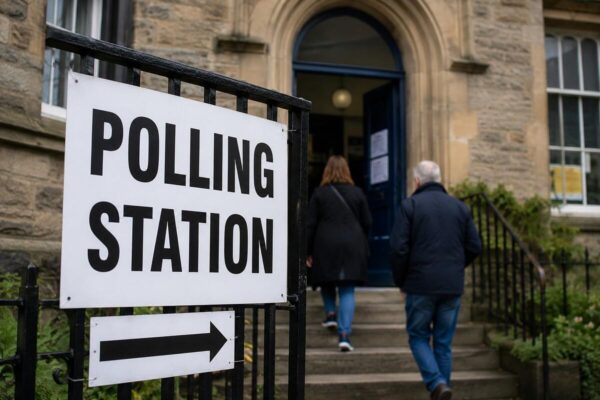 Polling station sign outside an Edinburgh building for the 2026 by-elections