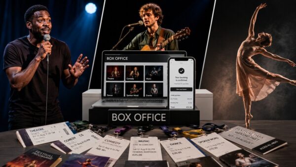Festival tickets, performers and a shared box office screen representing Edinburgh festival ticketing