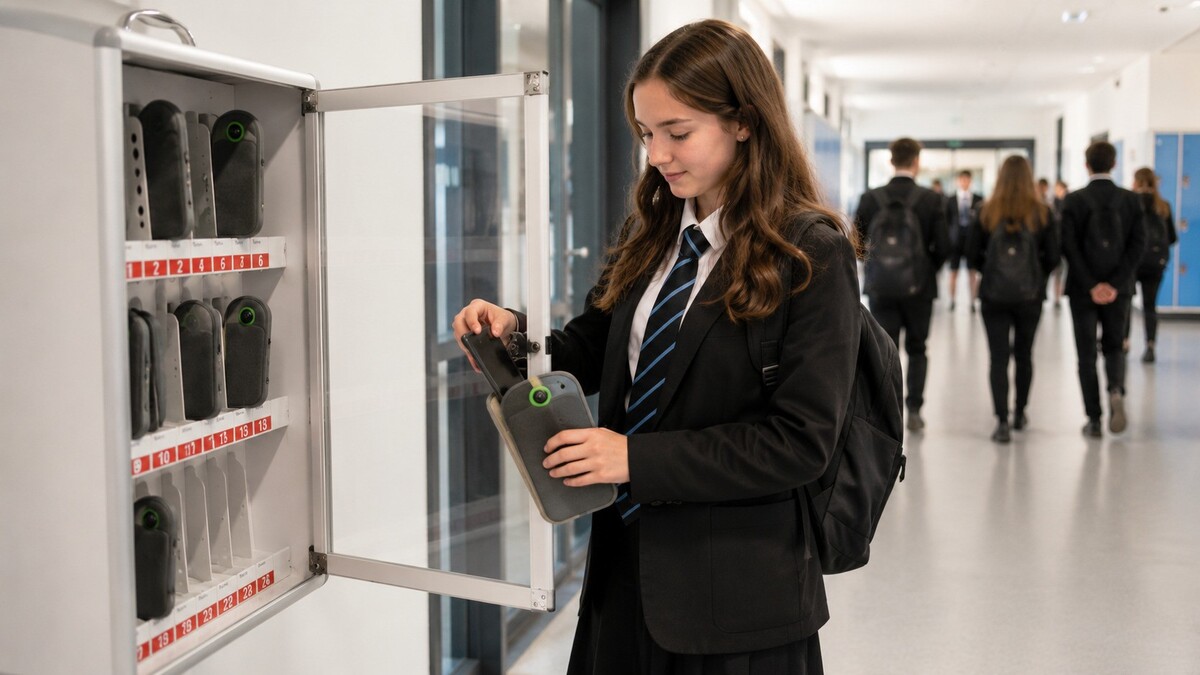 Pupil placing a mobile phone into a lockable pouch at an Edinburgh school