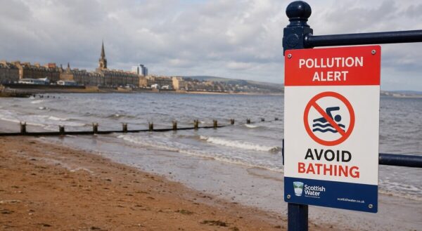 Pollution alert sign beside Portobello Beach in Edinburgh warning swimmers to stay out of the water