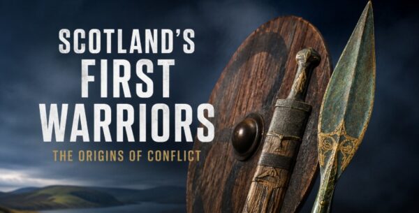 Scotland’s First Warriors exhibition graphic with ancient weapons and shield
