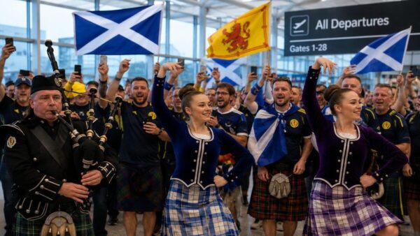 Scotland fans, Highland dancers and a piper at Edinburgh Airport before the World Cup