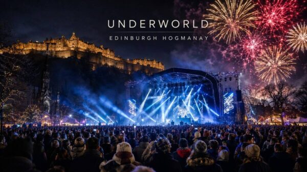 Underworld Edinburgh Hogmanay concert scene with fireworks over Edinburgh Castle