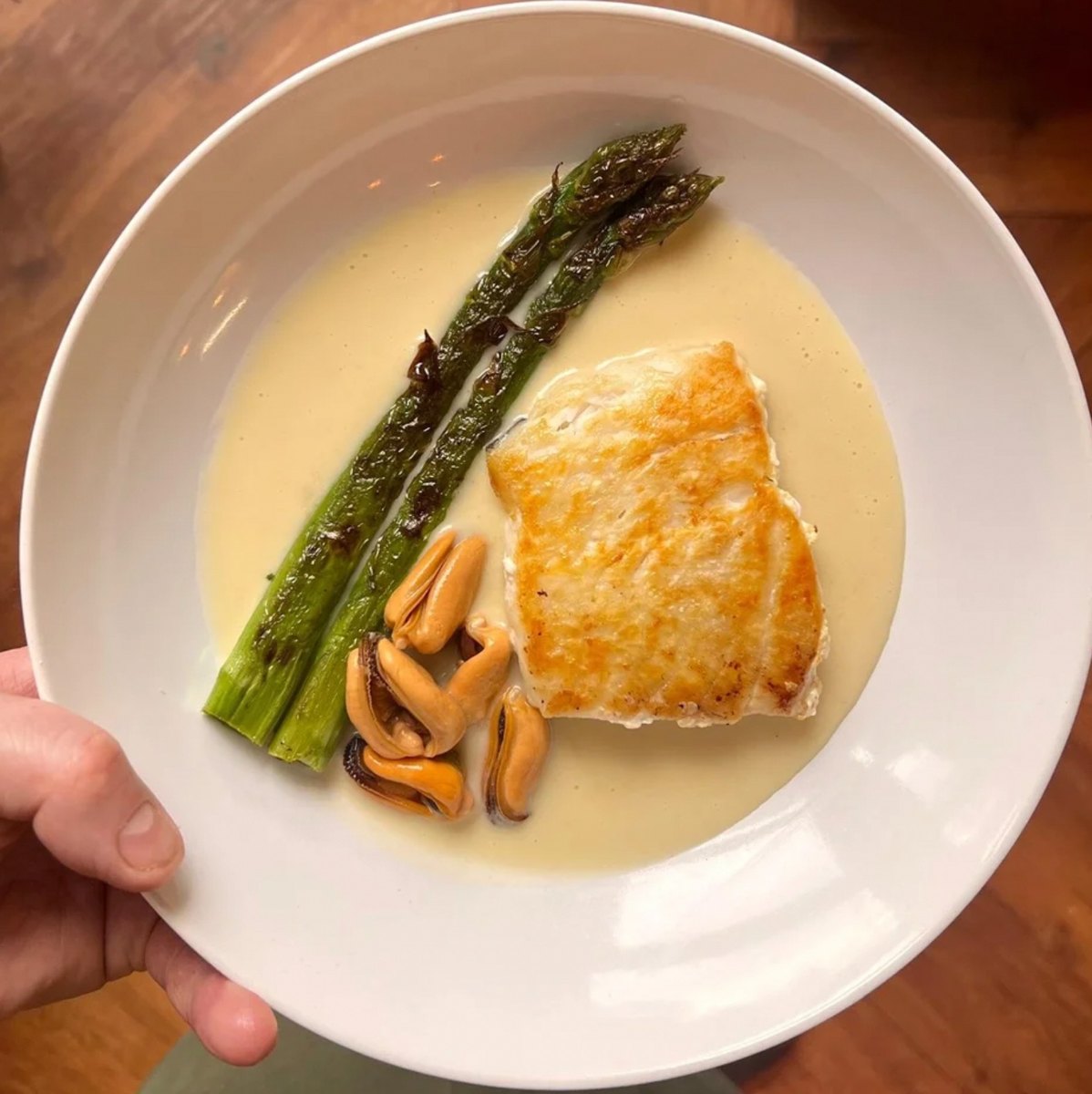 Fish dish with asparagus and mussels at Barry Fish in Edinburgh