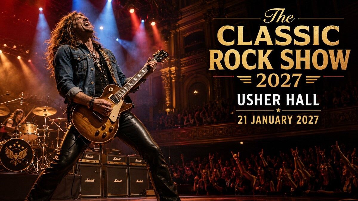 Rock guitarist performing on stage for The Classic Rock Show 2027 at Usher Hall in Edinburgh