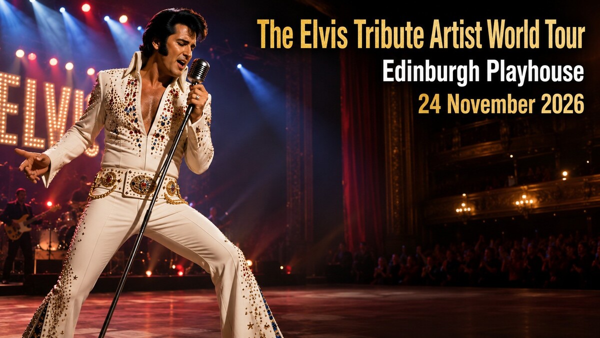 Performer in Elvis-style white jumpsuit on stage for The Elvis Tribute Artist World Tour at Edinburgh Playhouse in Edinburgh