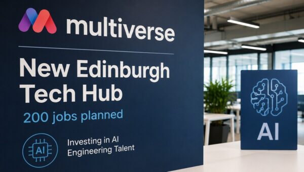 Multiverse Edinburgh tech hub announcement graphic with AI office theme and 200 jobs planned