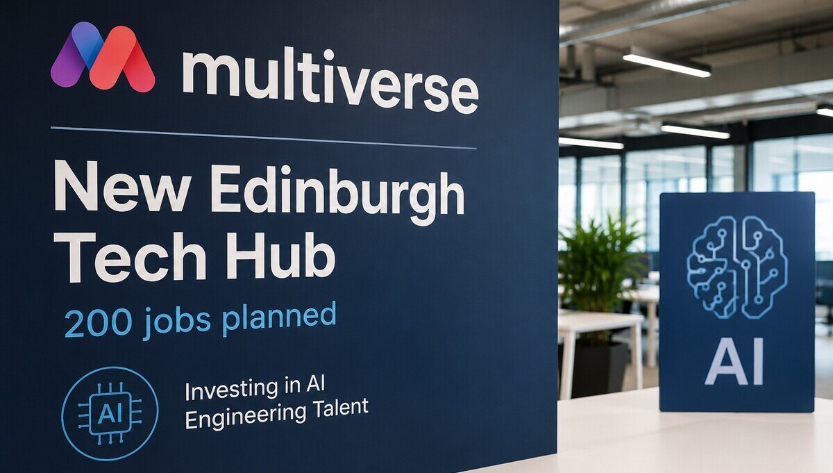 Multiverse Edinburgh tech hub announcement graphic with AI office theme and 200 jobs planned