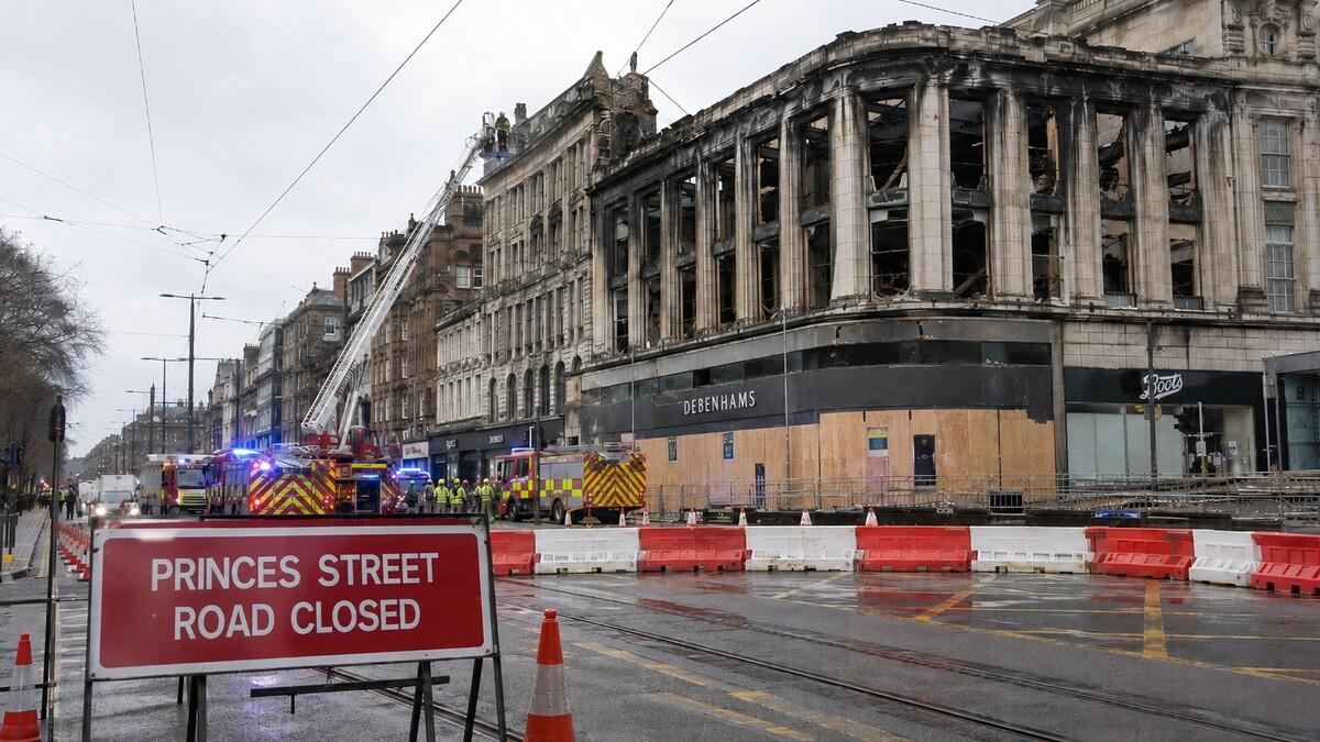 Fire-damaged former Debenhams building behind road barriers on Princes Street in Edinburgh