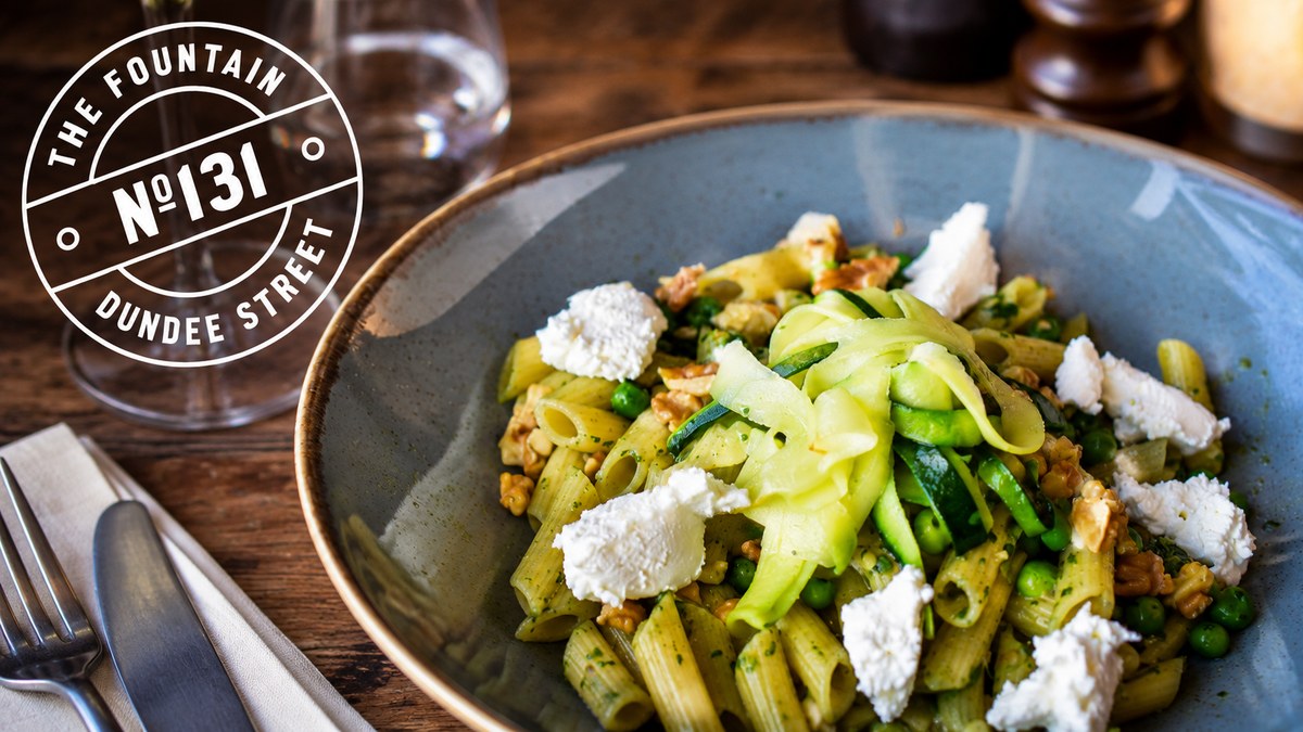 Pasta with courgette, peas, walnuts, and soft cheese at The Fountain Edinburgh