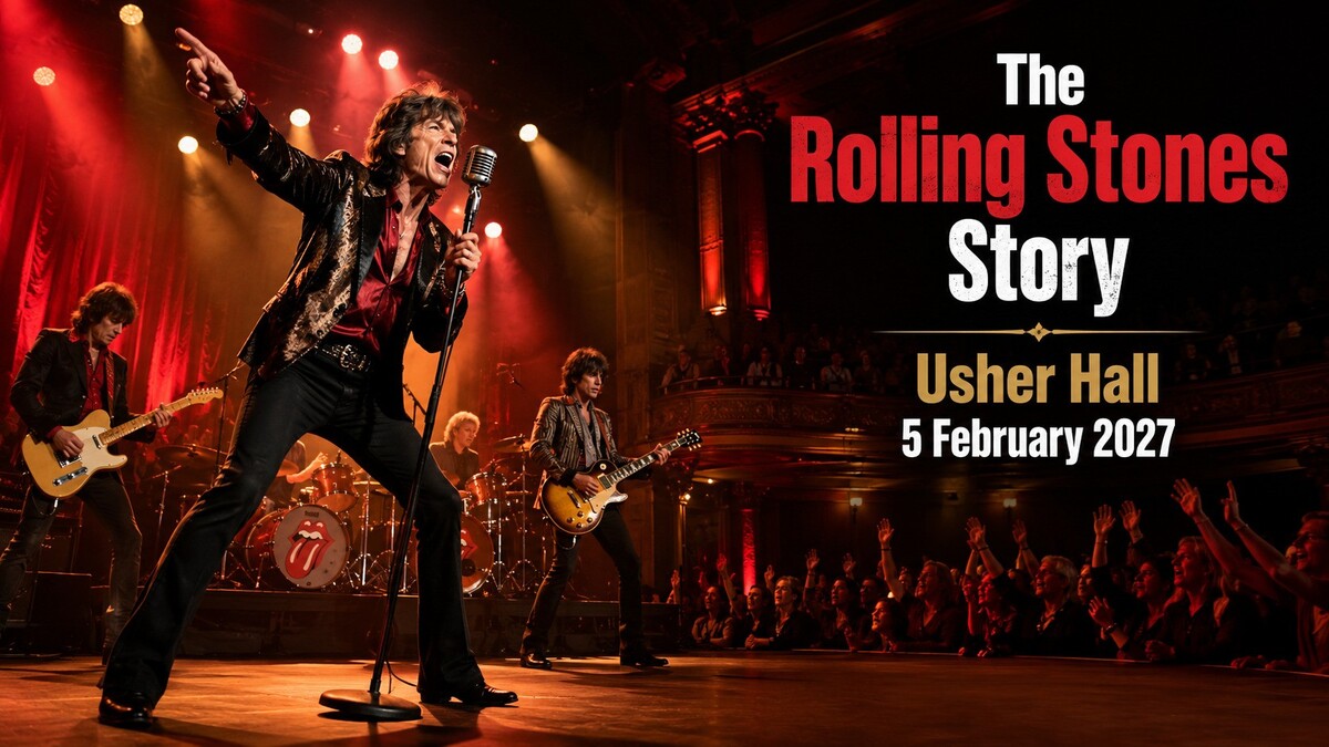 Rock tribute band performing on stage for The Rolling Stones Story at Usher Hall in Edinburgh