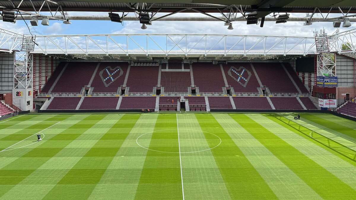 Tynecastle Park football pitch and maroon stands, home of Heart of Midlothian FC in Edinburgh