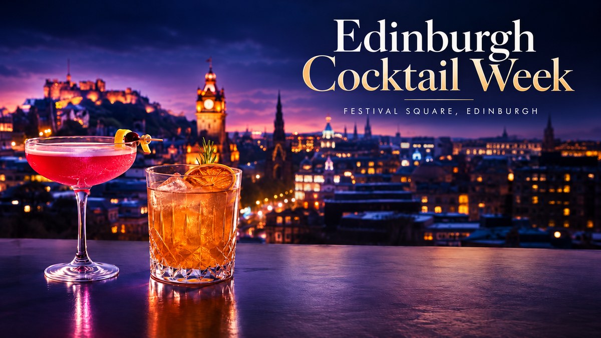 Edinburgh Cocktail Week cocktails overlooking the Edinburgh skyline at dusk.