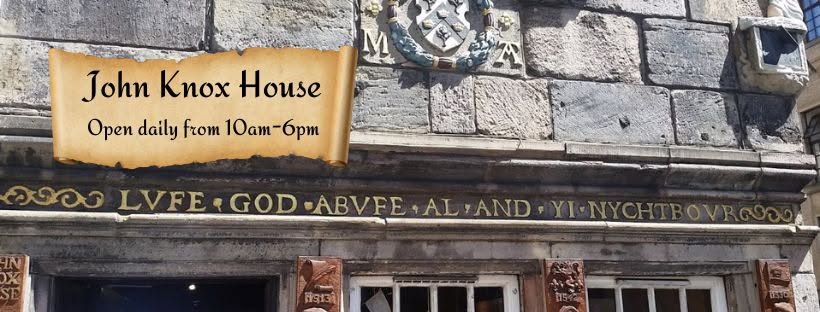 Historic stone frontage and sign at John Knox House on Edinburgh’s Royal Mile