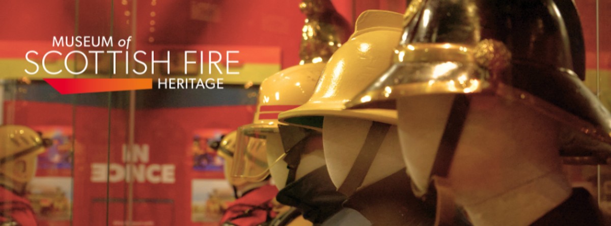 Historic firefighter helmets displayed at the Museum of Scottish Fire Heritage in Edinburgh
