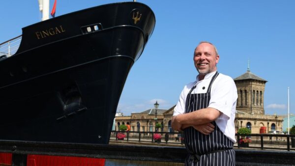 Chef Paul Gunning standing beside Fingal in Leith, Edinburgh