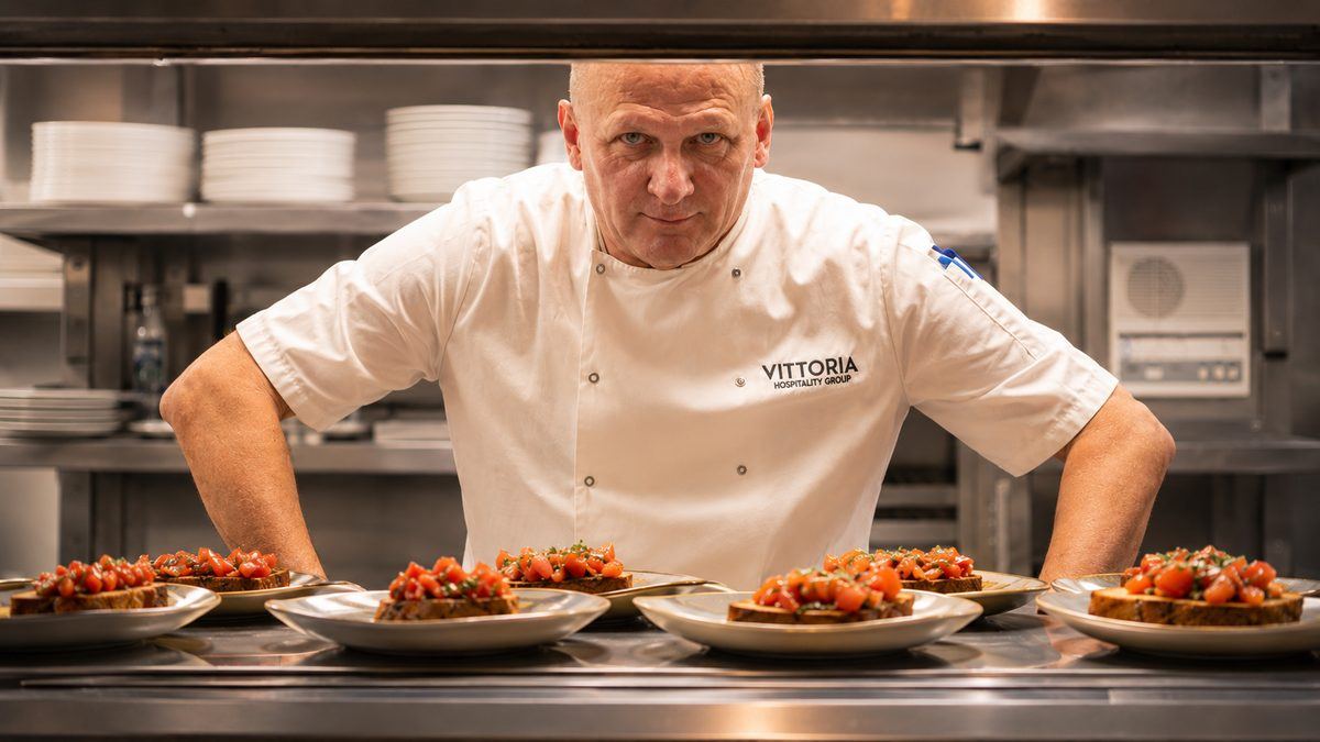 Chef in the kitchen at Vittoria on the Bridge in Edinburgh