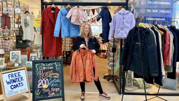 Sara Thomson of The Leith Collective with coats for the Winter Coat Exchange in Edinburgh