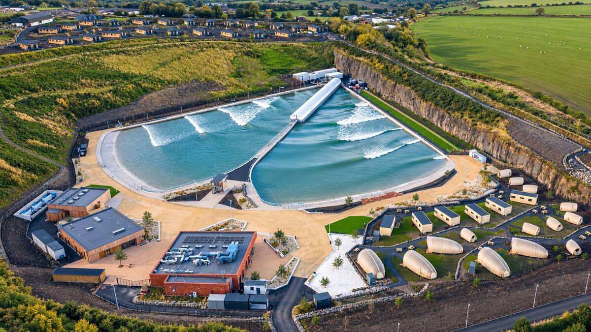 Aerial view of Lost Shore Surf Resort near Edinburgh