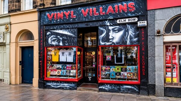 Vinyl Villains record shop on Elm Row in Edinburgh, closing after 43 years.