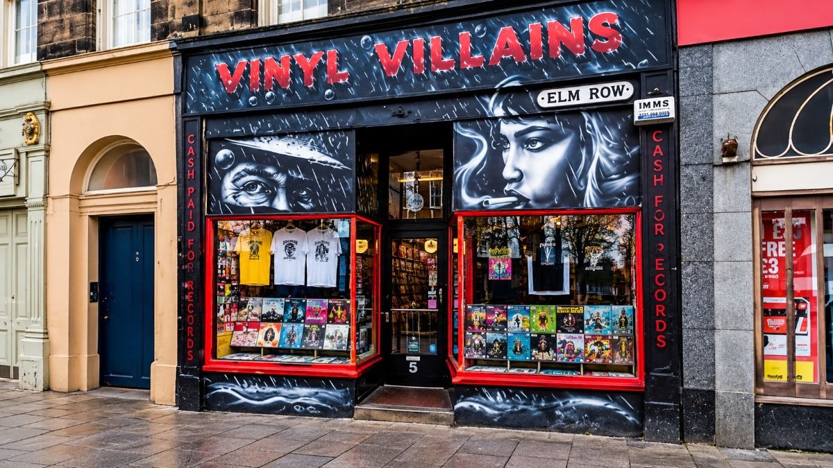 Vinyl Villains record shop on Elm Row in Edinburgh, closing after 43 years.