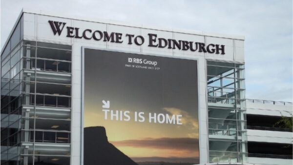 Welcome to Edinburgh sign outside Edinburgh Airport
