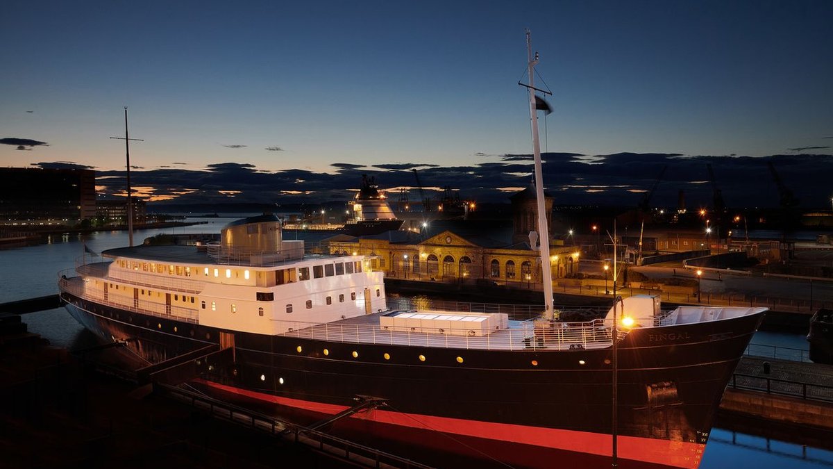Fingal Hotel moored at Alexandra Dock in Leith, Edinburgh, at dusk