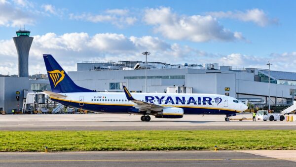 Ryanair aircraft at Edinburgh Airport illustrating the airline's winter 2026 flight schedule.