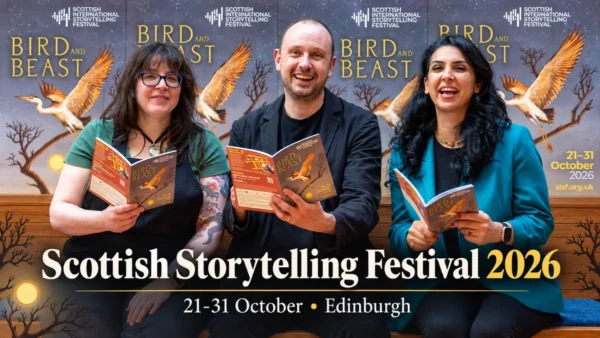 Scottish International Storytelling Festival 2026 launch in Edinburgh, featuring the Bird and Beast programme.